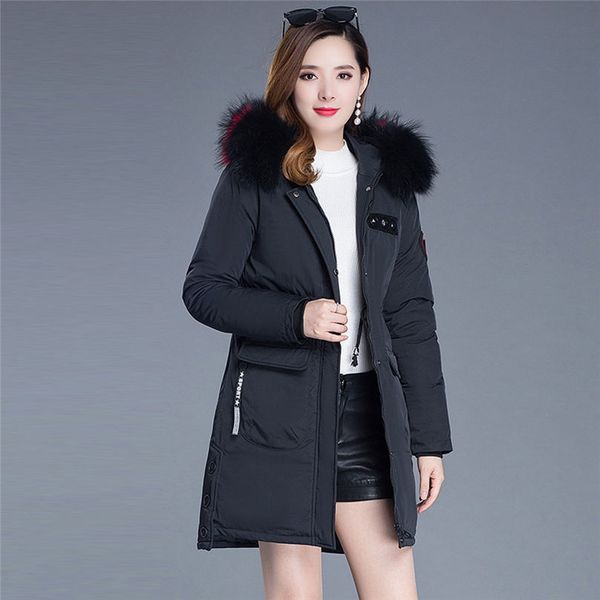 

2019 new fashion winter jacket women outerwear long sleeve zipper hooded jackets button cotton-padded long coat 4s26, Black