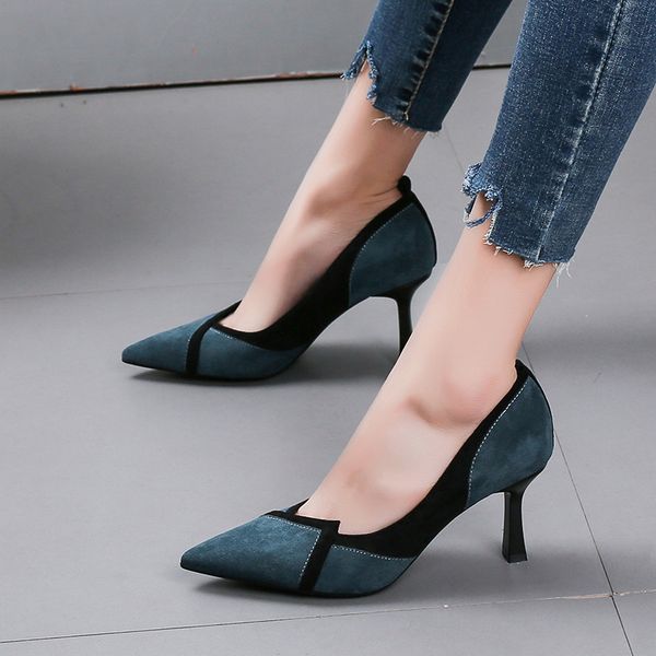 

2020 spring high heels female korean fashion pointed color matching stiletto single wild professional work shoes w27-18, Black