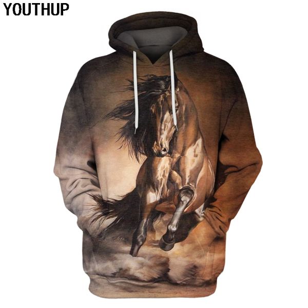 

youthup 2019 new men's 3d hoodies animal full printed hooded pullovers hip hop male horse print male hoodies sweatshirts, Black