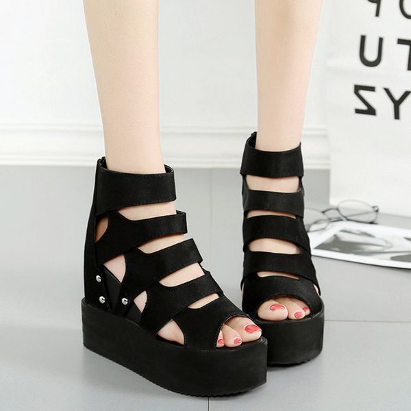

2018 spring summer versatile ultra-high-heel thick bottomed elevator gladiator sandals slanted heel peep-toe sandals platform an, Black