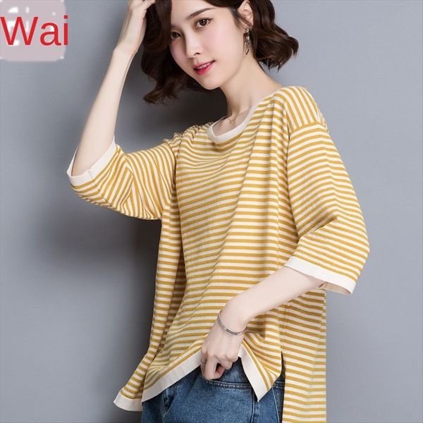 

loose t- women's t-shirt summer 2019 base shirt women's all-match short striped seven-sleeve blouse, White
