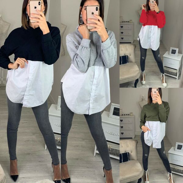 

casual women stitching shirt blouse long sleeve hooded pullover fashion ladies patchwork shirt female spring autumn clothes, White