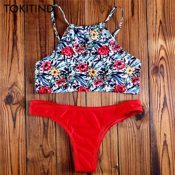 

tokitind red bikini bathing suit swimsuit bikini set brazilian women swimsuit swimming suit halter high neck female
