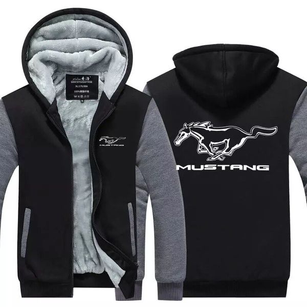 

mustang sweatshirt car logo printed cashmere hoodie cotton coat winter thicken fleece sweatshirt zipper jacket super warm hoodie us eu size, Black