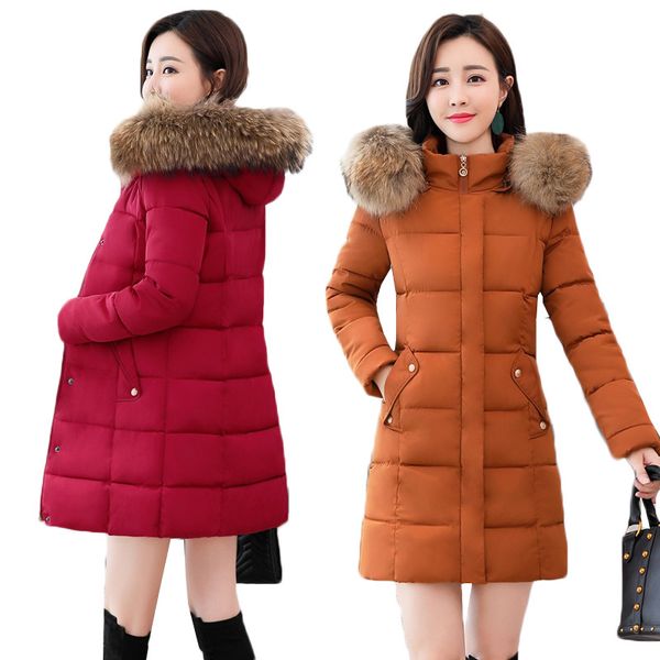 

fashion winter jacket women coats 2019new fur collar hooded thick down parkas female cotton warm long outwear plus szie 4xl 163, Black