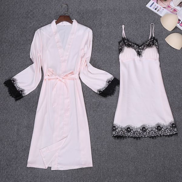 

spring 2pcs robe suit strap kimono sleepwear sets casual womens home wear pajamas nightwear bath gown  l xl, Black;red