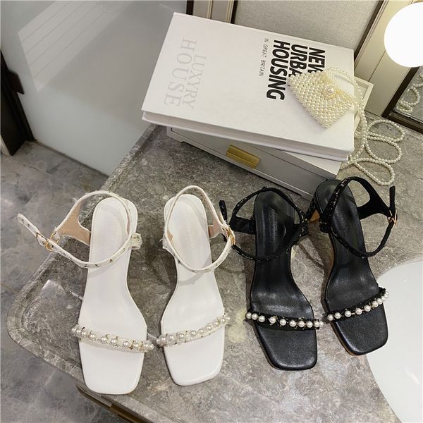 

open toe low sandals woman leather fashion womens shoes 2020 block heels med buckle strap suit female beige peep low-heeled, Black