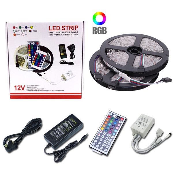 

led strip lights dc 12v flexible diode ribbon tape smd 5050 rgb 44key full set power ip65 ip20 5m 10m lighting