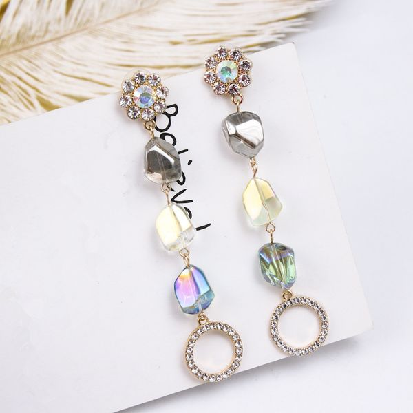 

new trendy shiny rhinestone multicolor crystal stone long round circle pendant drop earrings for women brinco jewelry 5b1011, Golden