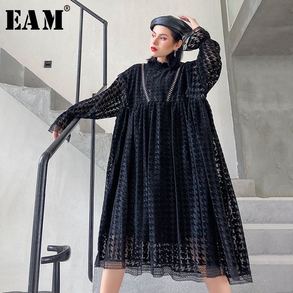 

eam] women black hollow out big size lace dress new stand collar long sleeve loose fit fashion tide spring autumn 2020 1n731, Black;gray