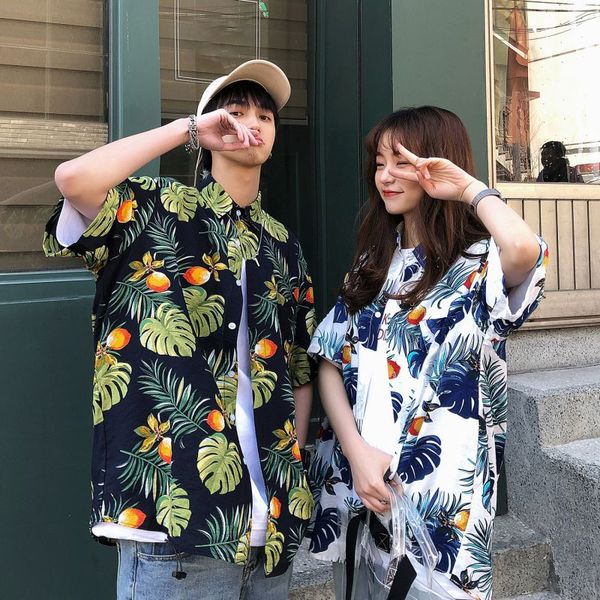 

summer quality harajuku beach shirt short sleeve hawaiian shirt casual plant print loose, White;black