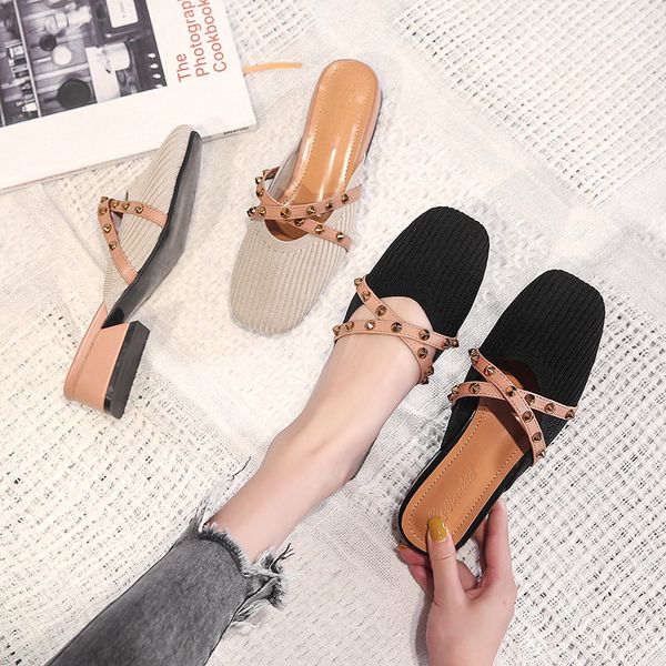 

cover toe square heel low slippers casual shoes woman 2020 slipers women block new soft tpr fabric hoof heels slides, Black