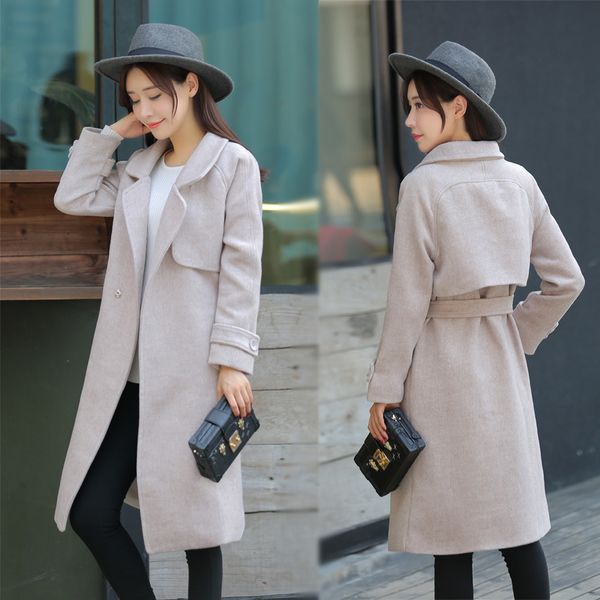 

streetwear slim women long winter wool blend coat covered button wool coat and jacket turn-down collar outerwear, Black