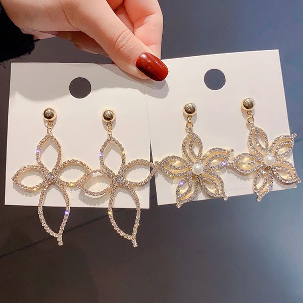 

rhinestone big flower earrings for women statement crystal plant drop earrings 2020 new fashion korean jewelry er913, Silver