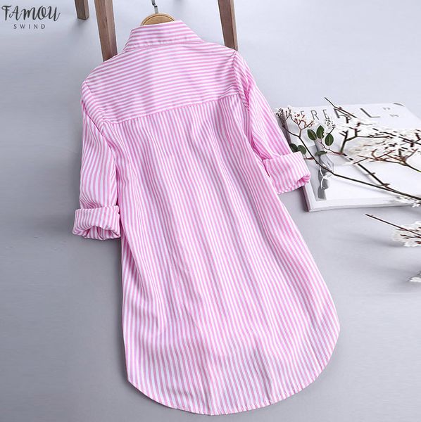 

plus size women striped long sleeve loose blouse long sleeve turn down collar button shirts chic oversized casual office long y3, White