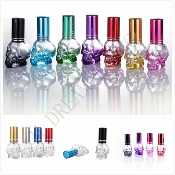 Umweltfreundliche leere Parfüm-Sprühflasche, 8 ml, Kosmetikbehälter aus Glas im Totenkopf-Stil, 16 Farben, nachfüllbare Parfümflasche