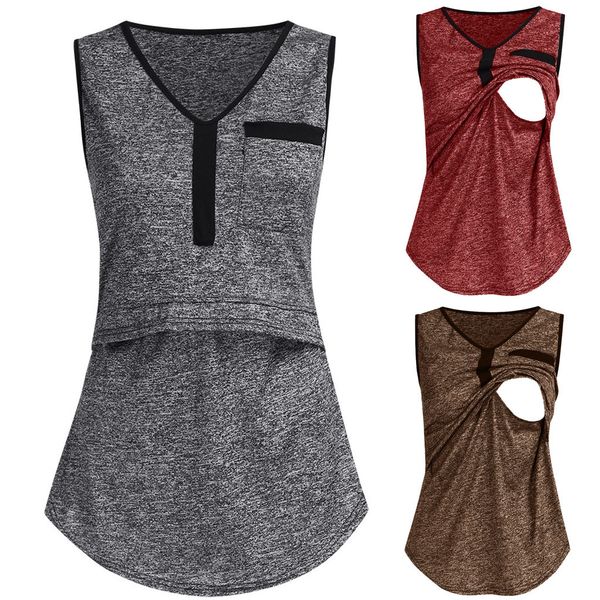 

maternity 2019 fashion women pregnant nusring maternity v-neck sleeveless vest solid clothes 5.23, White