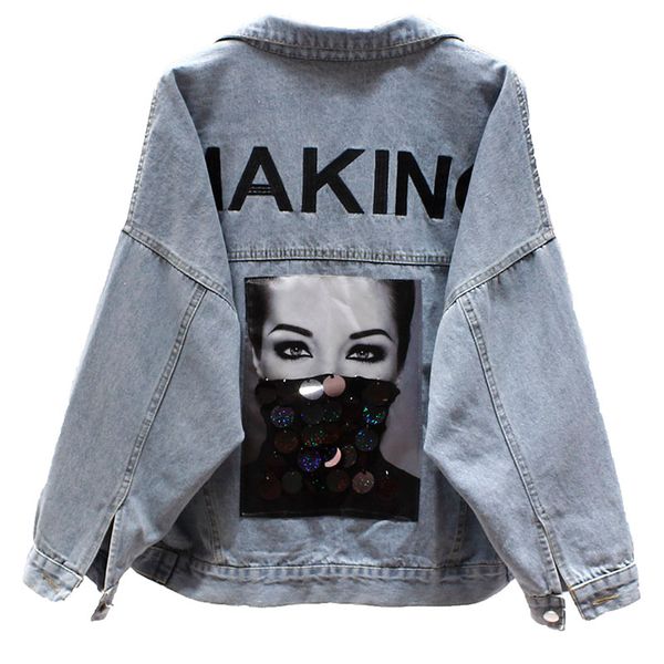 

2019 spring harajuku denim jacket womens fashion embroidery sequin long sleeve jeans jacket women streetwear basic denim coat, Black;brown