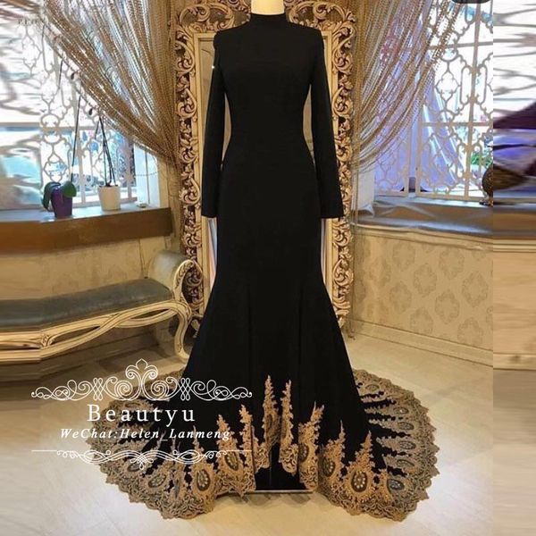 

Mu lim long leeve evening dre e 2019 black high neck mermaid gold lace applique arabic formal evening gown ve tido de fie ta