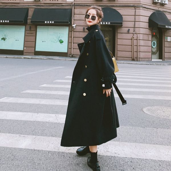 

2020new loose chic korean trench coat for women casual solid color turn-down collar waist belt slim solid windproof waterproof, Black