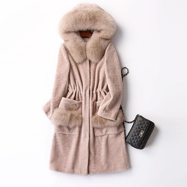 

fox fur collar real fur coat wool jacket autumn winter coat women clothes 2020 korean sheep shearling suede lining zt3479, Black