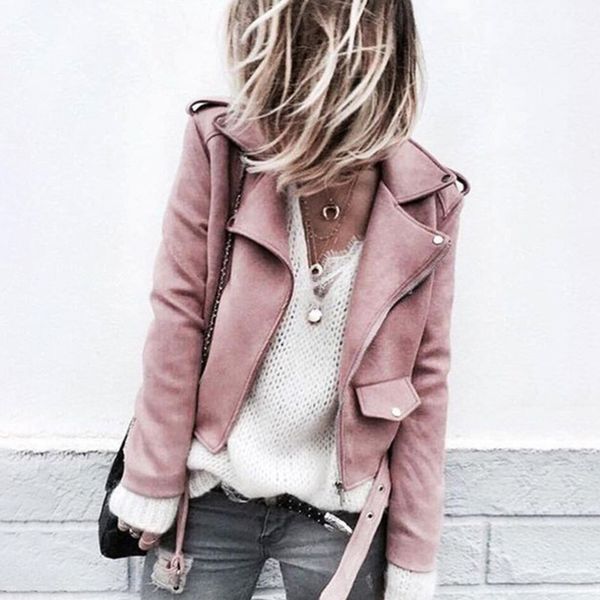 

new elegant spring autumn zipper basic suede jacket coat motorcycle jacket women outwear pink slim short winter coats, Black;brown
