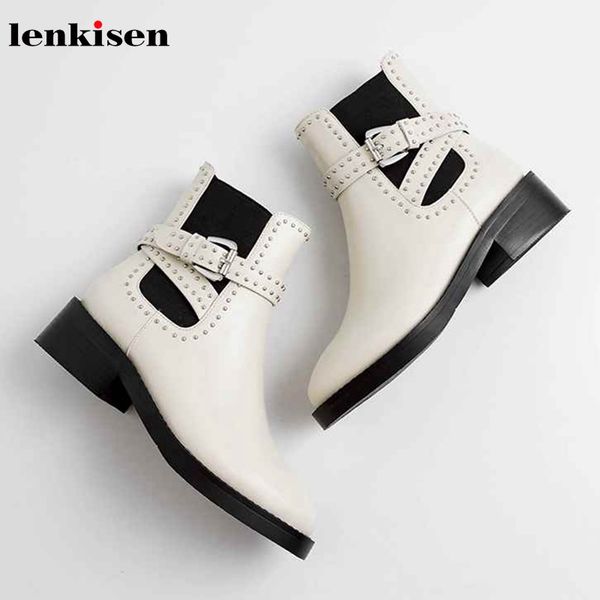 

lenkisen new british boots ankle straps rivets decorations round toe genuine leather med heels winter warm women ankle boots l47, Black