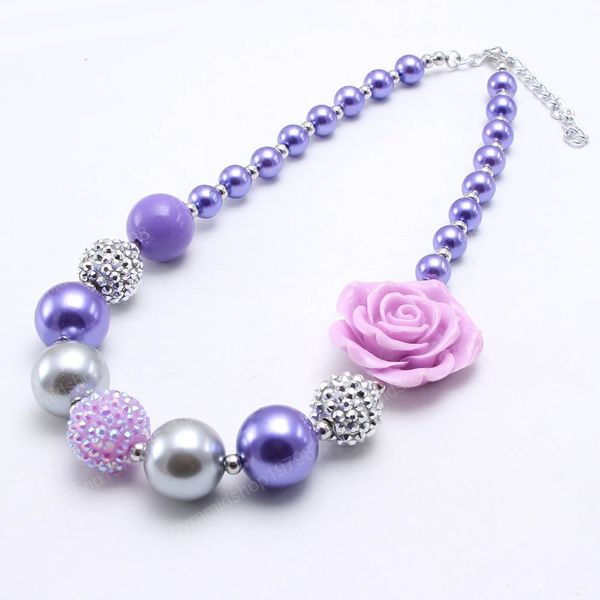 

child girls chunky beads necklace with rose purple flower kids toddler chunky bubblegum necklace handmade jewelry, Red;brown