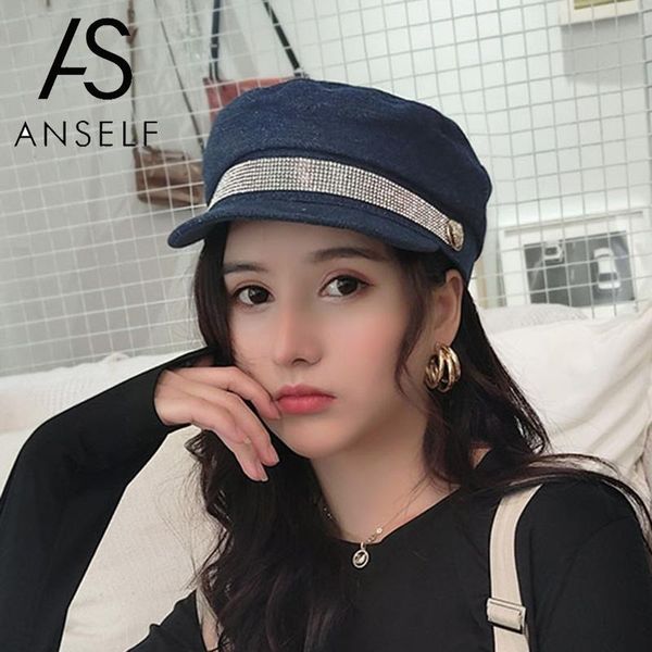

women duckbill cap denim jean flat short brim bling bling rhinestone cool casual cowboy hat 2019 fashion cap ladies headwear, Blue;gray