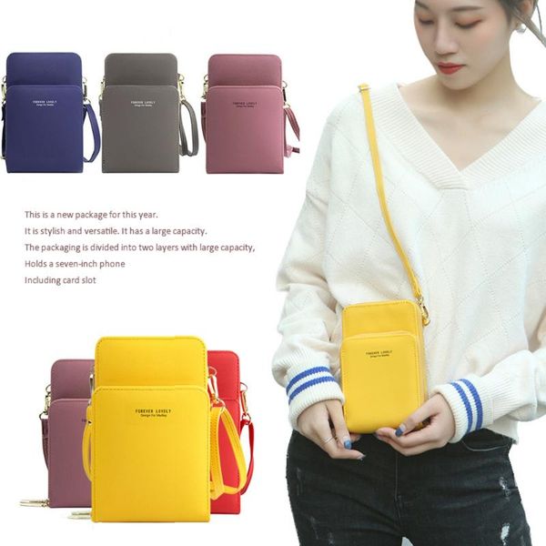 

portable pu leather shoulder bag solid color mobile phone card holders wallet straps pockets handbags for girls women