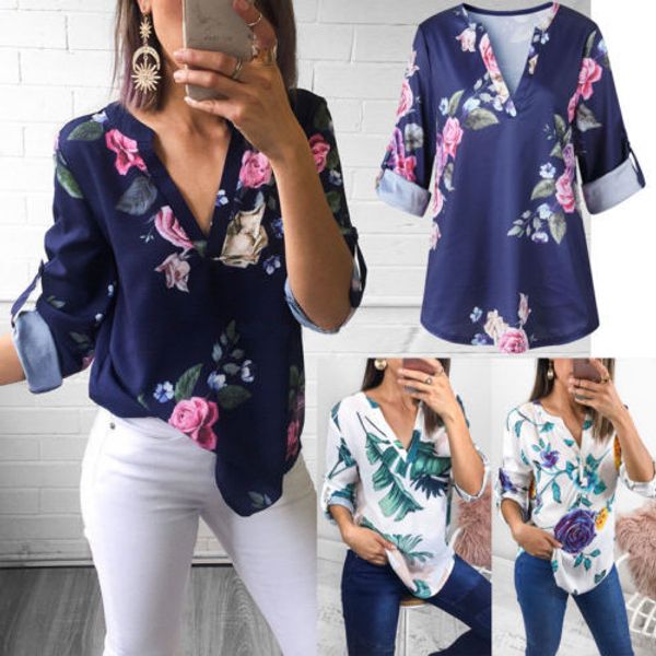 

women women blouse fashion women three quarter sleeve v neck floral shirts ladies summer casual blouse shirt drop shipping, White