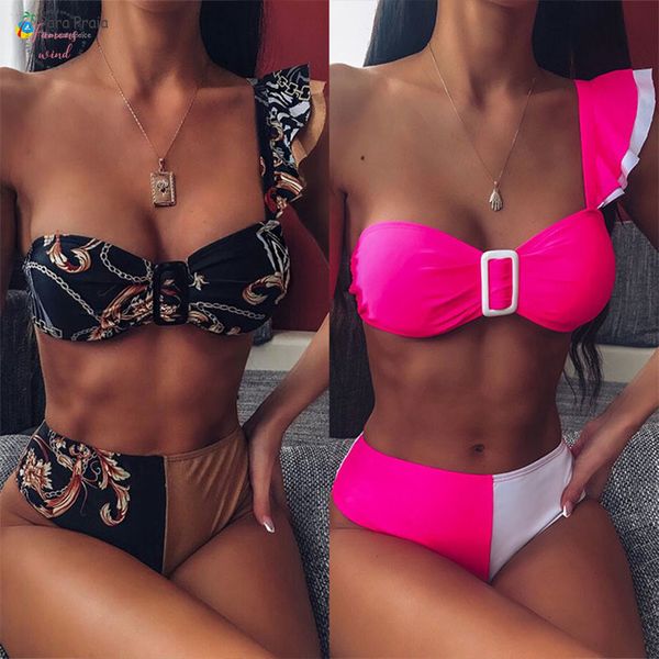 

new bandeau high waist swimsuit women push up bikini set one shoulder thong bikini women beachwear bathing suit, White;black