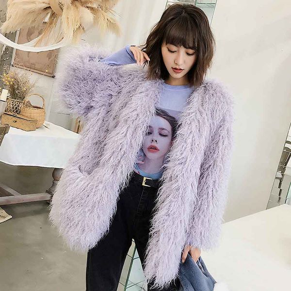 

firstto stylish long hairy shaggy faux mongolia sheep fur outwear jacket coat winter women keep warm long sleeve top 3 color, Black