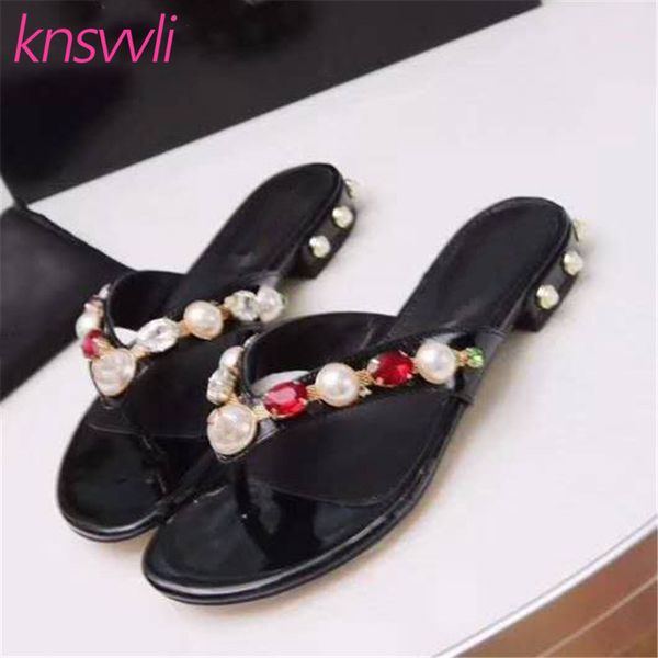 

new flip flops women rhinestone pearl slippers casual holiday beach shoes woman crystal studded flat heels mules shoes women, Black