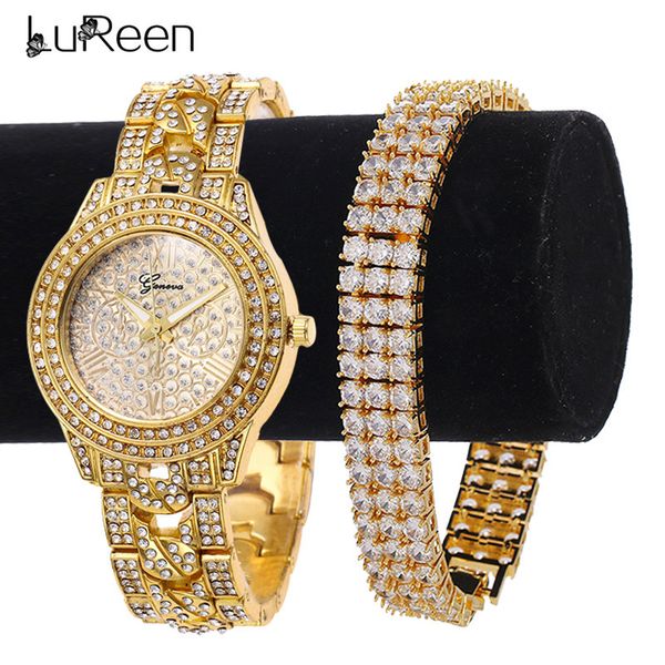 

lureen hip hop iced out gold quartz watch for men 3 row tennis cubic zircon bracelet watch luxury set jewelry gift w0021, Silver