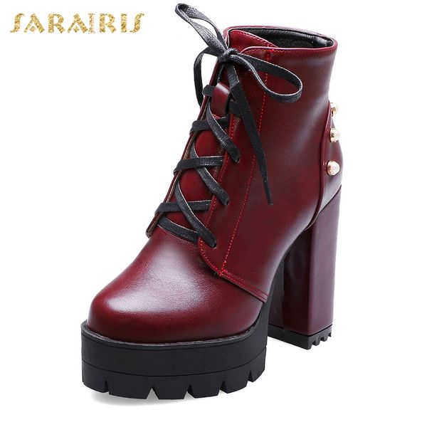 

sarairis brand new design 2019 chunky high heels autumn winter shoes woman boots female platform lace up ankle boots women shoes, Black