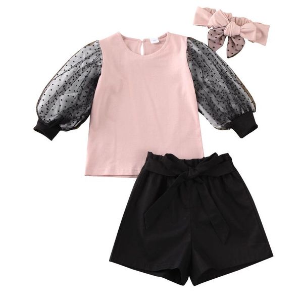

2020 princess 1-6y lantern sleeve dot lace blouse bow shorts toddler baby girls clothes spring summer kids outfits 3pcs set, White