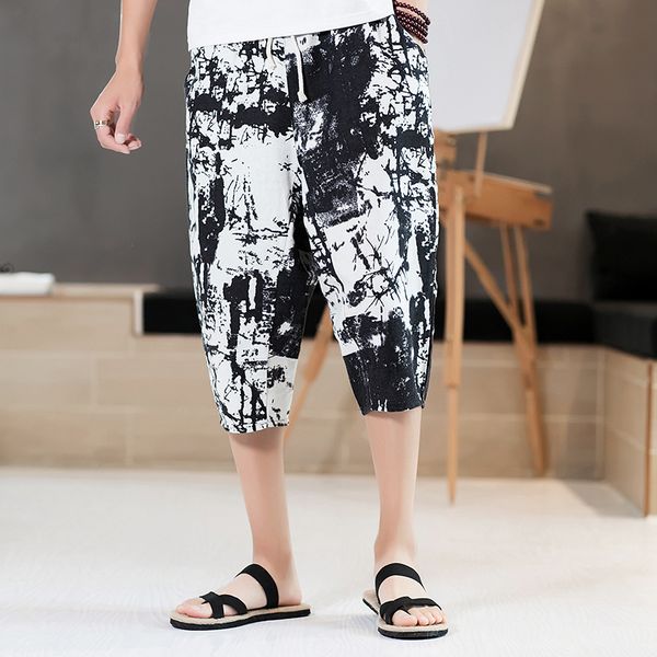 

chinese style casual linen harem jogger pants men designer printing summer streetwear trousers sweatpants men, Black
