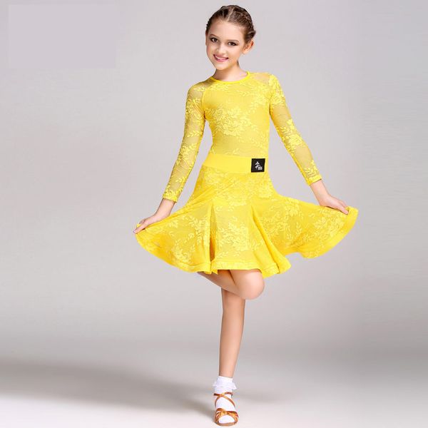 

mid long sleeve lace mesh mordern ballroom dancing dresses for kids salsa tango skirt children latin dance dress for girls, Black;red