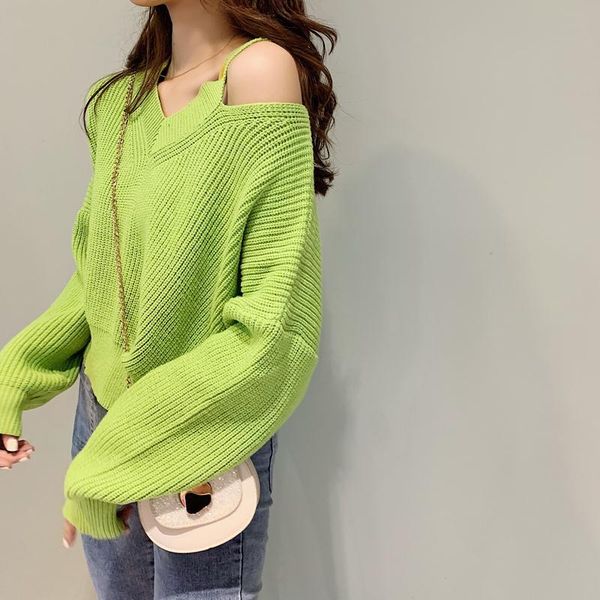

loose strapless pullover lazy sweater long-sleeved shirt women korean version of the v-neck sweater autumn and winter new wild, White;black