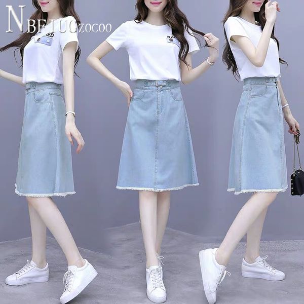 

2020 summer new korean women sets t shirt and denim skirt female sets, White