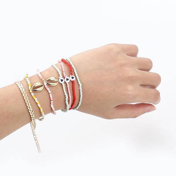 

charm bracelets vekno 7pcs/set bohemia heart miyuki beads strand bracelet gold shell elastic stacked set for women diy jewelry, Golden;silver