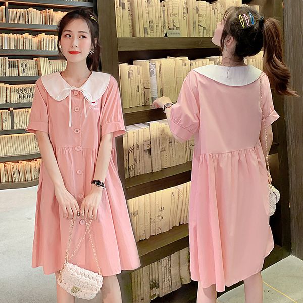

pink maternity dress cotton summer short sleeve peter pan collar pregnant women loose dress, White