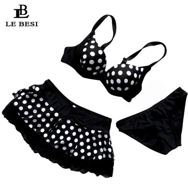 

lebesi 2020 new dot skirt bikini three-piece female swimsuit plus size underwire c d e cup bikinis set swimwear fast shipping, White;black