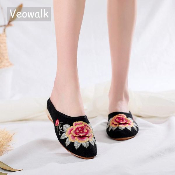 

veowalk flowers embroidered cotton women slippers all seasons mules shoes women chinese embroidery comfortable ladies sliders, Black