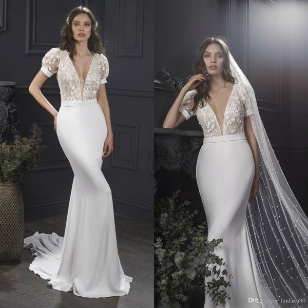 

vintage lihi hod satin beach wedding dresses mermaid deep v neck short sleeves lace bridal gowns sweep train 3d appliqued wedding dress, White