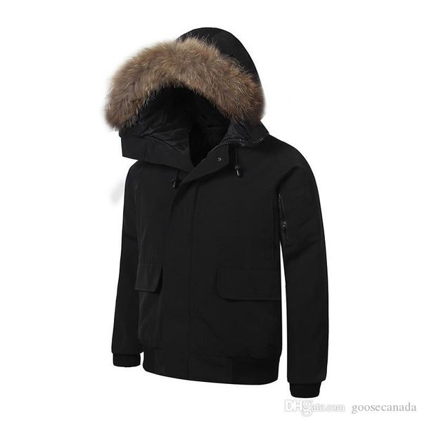 

бомбардировщик зима fourrure вниз парка homme jassen chaquetas верхняя одежда большой мех с капюшоном fourrure manteau канада пуховик пальто, Black