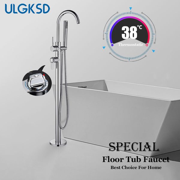 

ulgksd thermostatic floor tub faucet single handle chrome/ nickle/ orb brass mixer water tap para bathtub shower bath faucets