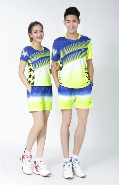 

victory 6022 quick-drying breathable badminton wear suits short sleeve lapel neck t-shirt shorts running table tennis wear blue-green, White;yellow