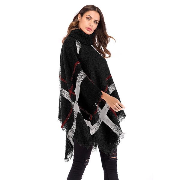 

office lady cloak woman sweater fashion europe and american style turtleneck tassel plaid female sweater 2019 winter, Black